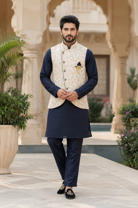 Classic Navy Kurta Set with Premium Floral Jacquard Jacket – perfect for festive occasions, weddings & celebrations.
Slight variation in color and design may occur.
