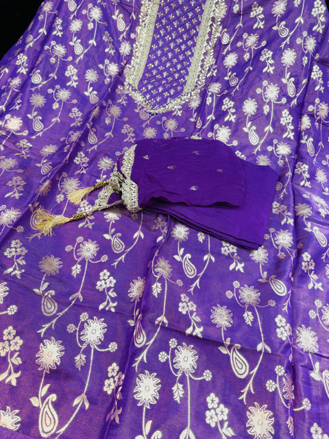 Purple tissue silk based brocade zari work embroidery with handwork kameez with plain silk bottom fabric (2.75 mtrs) and chiffon silk heavy zari work dupatta