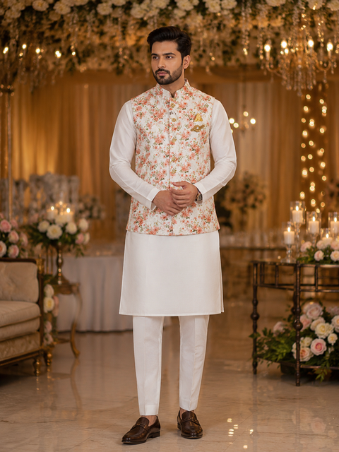 White colour pure linen based kurta with White pants and Silk based white colour all over embroidery with floral print work jacket (slight variation in color and design is possible)