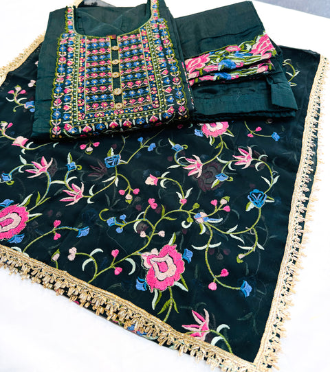 Cotton Silk based multicolour embroidery work designer kameez with embroidery design plazo pants and georgette  based embroidery jaal dupatta
