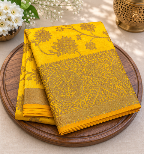 Graceful Silk Saree Featuring Elegant Zari Weaving, A Rich Texture, And A Structured Drape . Attached Blouse Piece Included. Slight Variation In Colour And Design May Occur.