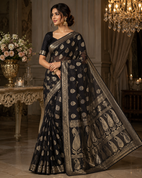 Very Soft Pure georgette chiffon based Beautiful zari work Banarasi look Saree(Blouse Shown Is For Reference Only. The Blouse Piece Is Included With The Saree As Unstitched Fabric)(slight variation in color and design is possible )