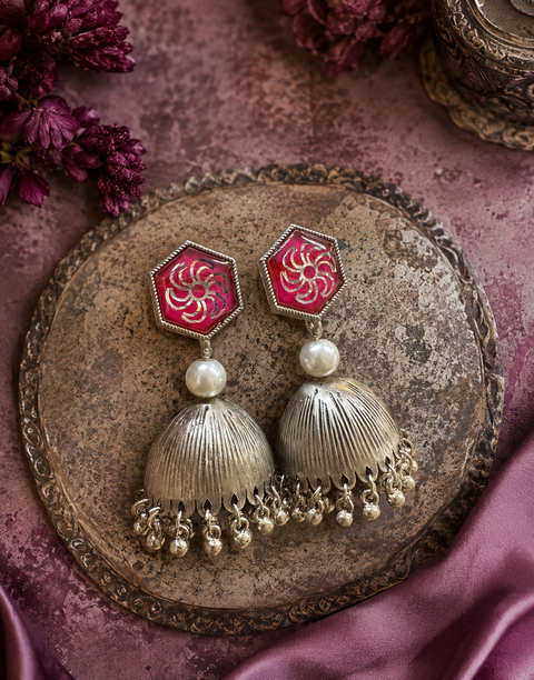 Beautiful oxidised Jhumka with colourful meenakari work( slight variations in color and design is possible)