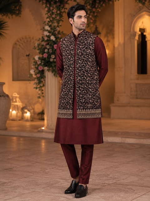 Embroidery work Velvet Jacket With Raw Silk Based Kurta & pants (slight variation in color & design is possible )