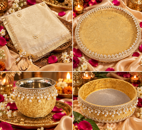 Beautiful Karwa Chauth Thali Set in a classy golden theme with matching thali, channi, kalash and cover cloth. Slight variation in colour and design is possible.