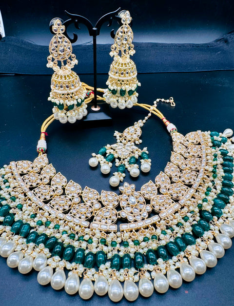 Kundan studded & pearls work designer heavy work Necklace set with beautiful Earrings & Tikka