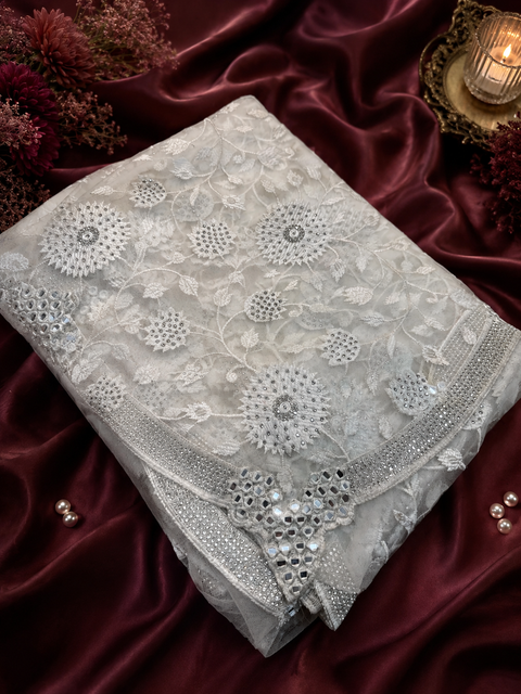 Bollywood style heavy work designer Saree with netting base fabric and stones with mirror work design all over with embroidery work (Blouse Piece Worn By Model Is For Reference Only, Blouse Piece Attached To Saree) Slight Variation In Color And Design)
