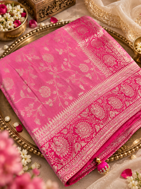 Dola Silk Saree with elegant all-over floral zari weaving and a rich contrasting woven border with detailed pallu. Soft, graceful drape with a luxurious festive look. Contrast blouse piece included.Slight variation in colour and design is possible.