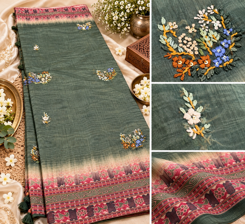 Elegant Chanderi cotton silk saree featuring delicate dotted prints, a beautifully detailed floral pallu and traditional printed border. Lightweight, graceful and perfect for festive or elegant day wear.