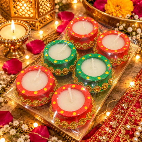 Beautiful 6-Piece Diya Candle Set with colourful handcrafted design and wax candles inside, perfect for Diwali décor and gifting. Slight handmade variations may occur.