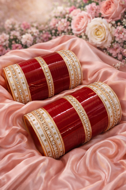 Stunning Cherry Red bridal chura featuring delicate white accents and sparkling stone detailing