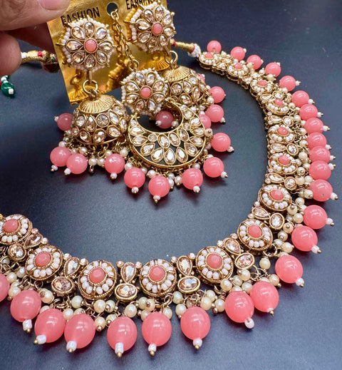 Original Polki stone with pearls beaded work beautiful necklace with jhumka and tikka set