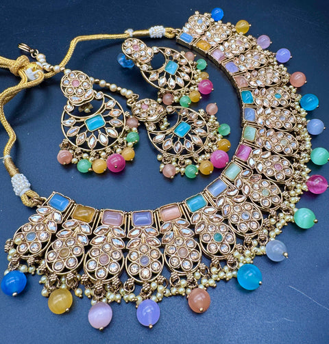 Original Polki stone with pearls beaded work beautiful necklace with jhumka and tikka set