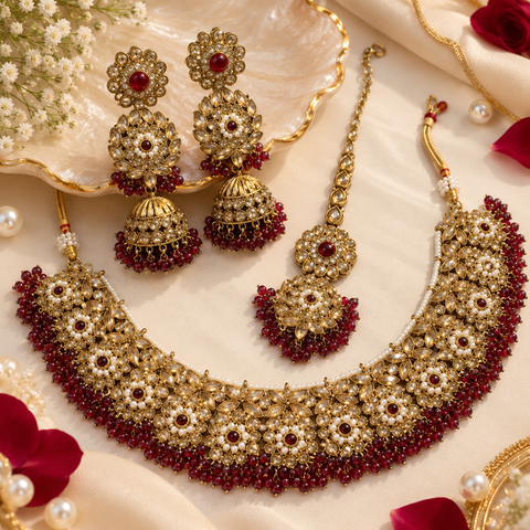 Beautifully crafted with sparkling golden stones, Polki-look stones, and colourful beads. Slight variations in colour and design are possible.