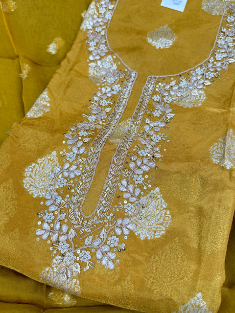 Mustard tissue silk based brocade zari work embroidery with handwork kameez with plain silk bottom fabric (2.75 mtrs) and chiffon silk heavy zari work dupatta