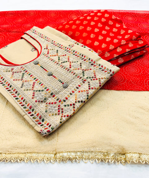 Silk based embroidery & sequined work designer kameez with brocade silk based salwar and georgette based two shades dupatta