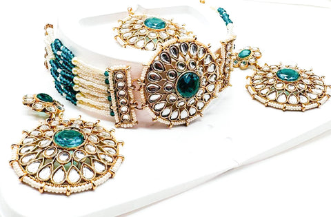 Pearls beaded with Kundan stone beautiful choker necklace with Earrings & Tikka