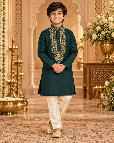 Soft jacquard silk-blend kurta with gold embroidery and Comes with a cream-golden pajama.
Slight variation in colour and design is possible.