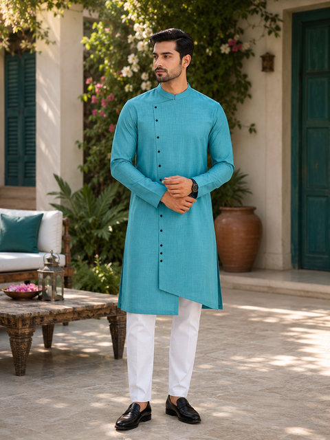 Cotton linen based side cut style kurta with pants slight variation in color and design is possible )
