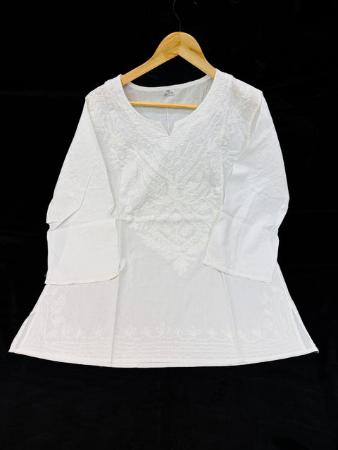 Embroidered Lucknow Chikankari White pure Cotton Short Kurti Top Tunic for Women