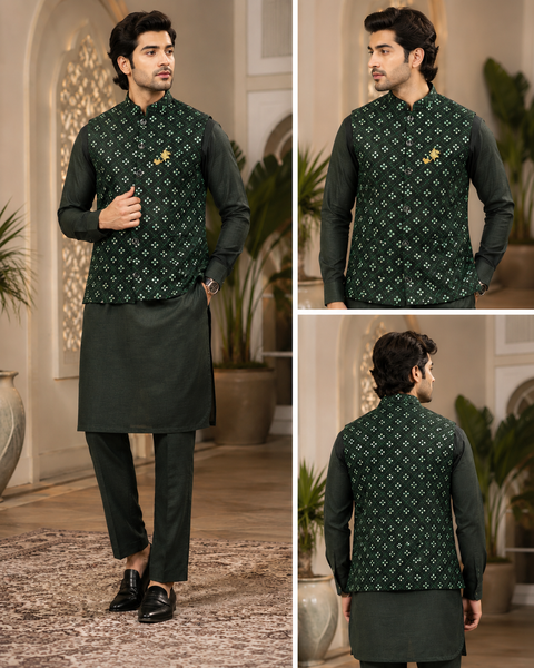 Green Colour Silk Based Kurta With Pants & Mirror Look Stylish Jacket (Slight Variation In Color And Design Is Possible)