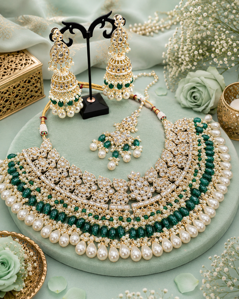 Kundan studded & pearls work designer heavy work Necklace set with beautiful Earrings & Tikka