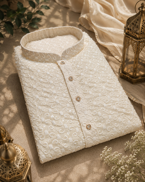 Pure and Soft georgette based Heavy embroidery work designer Kurta with white Pajama (slight variation in color & design is possible)