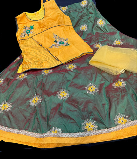 Yellow & Green  colour silk based two toned lehnga & long choli top