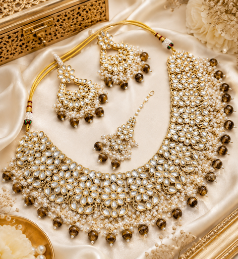 Kundan studded & pearls work designer heavy work Necklace set with beautiful Earrings & Tikka