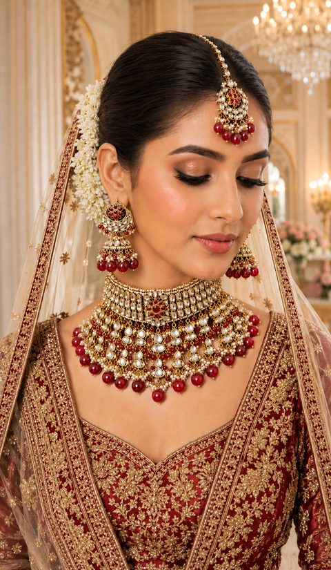 Kundan with pearls work beautiful heavy work Choker necklace with designer Jhumka Earrings and Tikka (slight variation in color and design is possible)