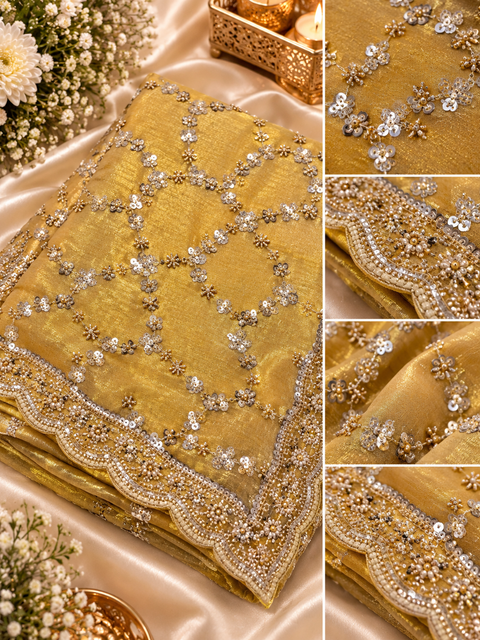 Elegant Dark Gold  Partywear Saree featuring all-over sequin and beadwork with a beautifully detailed heavy scalloped border for a rich festive look. Comes with an attached blouse piece. Slight variation in colour and design is possible.