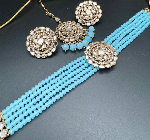 Jerkan fine stone with pearls beaded choker set with beautiful studs & tikka