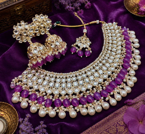 Kundan studded & pearls work designer heavy work Necklace set with beautiful Earrings & Tikka