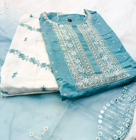 Silk based embroidery & sequined work designer kameez with silk based embroidery work salwar and organza based two shades dupatta