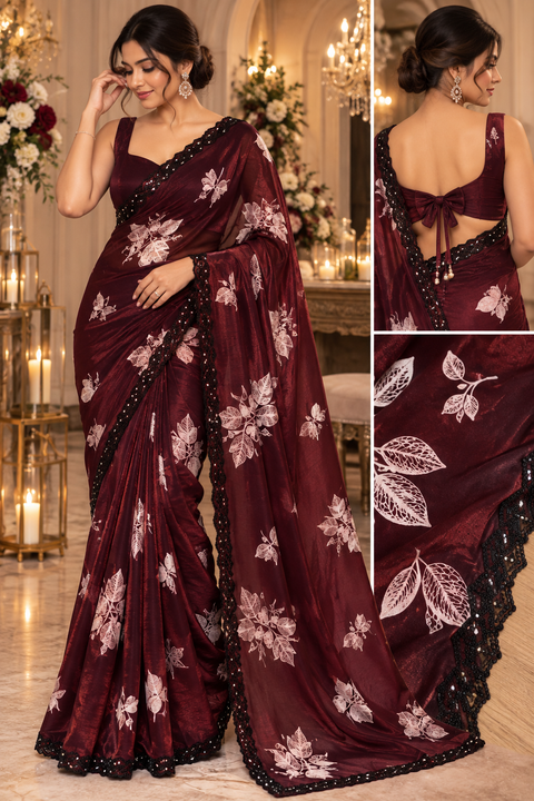Fendi Silk Saree – Elegant floral print with beautiful black stone handwork border all around. Soft, stylish, two toned shiny. Matching blouse piece attached; model blouse is for reference only. Slight variation in colour/design is possible.