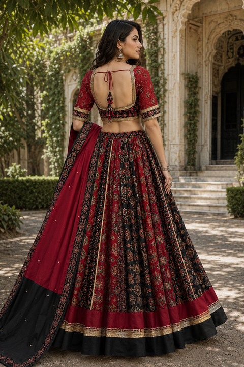Elegant cotton based Printed Chaniya Choli Set featuring a beautifully flared skirt, stylish printed blouse with designer back, and matching dual-tone dupatta .(slight variation in color and design is possible)