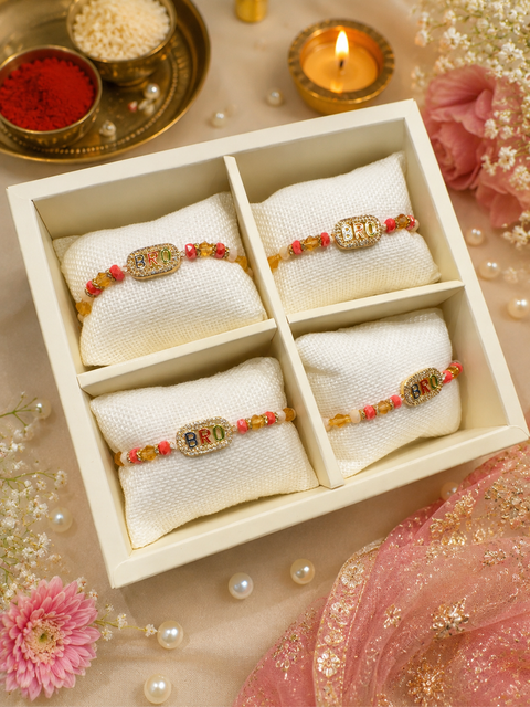 American Diamond Brother Rakhi 
A stylish stone-studded Rakhi with a beautiful American Diamond look, designed especially for your beloved brother. A perfect blend of elegance, sparkle, and love for a special Raksha Bandhan. Price each piece