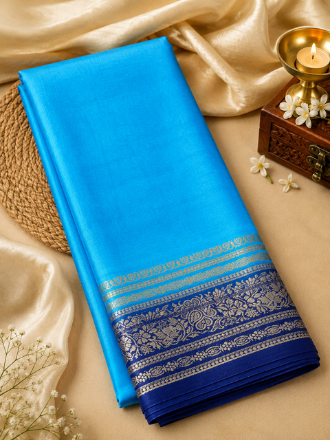 Plain Silk Saree With Contrast Zari Border And Contrast Plain Blouse, Model-Worn Blouse Is For Reference Only. Unstitched Blouse Piece Is Attached With Saree(Slight Variation In Color & Design Is Possible)
