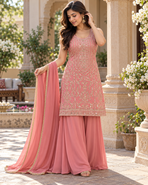 Beautiful georgette fabric outfit with full embroidery and mirror work all over the kameez. Paired with a loose circular palazzo and a matching dupatta with just a border. 
Slight variation in colour and design is possible