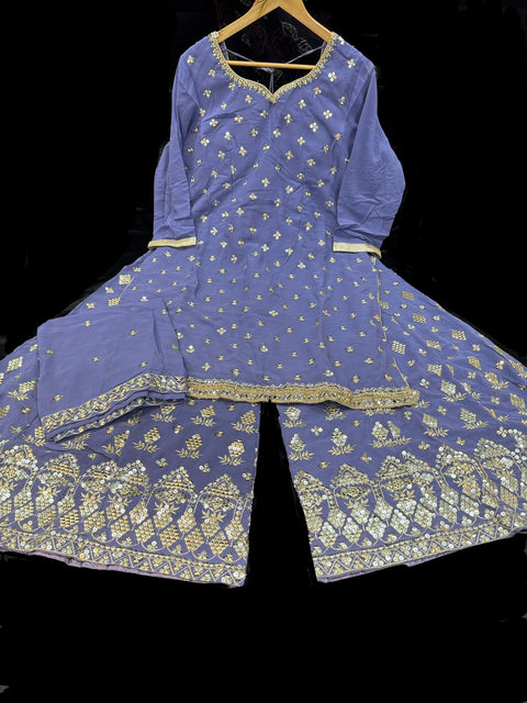 Georgette based sequined and embroidery work kameez with sharara pants and Georgette dupatta
