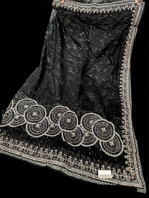 (Video Clip attached )Heavy work designer Saree with netting base fabric and stones work design all over with heavy embroidery work