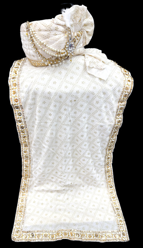 Cream colour velvet based golden printed Dulha Pagdi With dupatta set