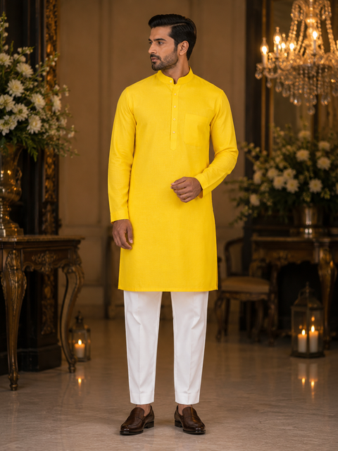 Yellow color Pure cotton based plain Kurta with white pajama ((slight variation in color and design is possible)