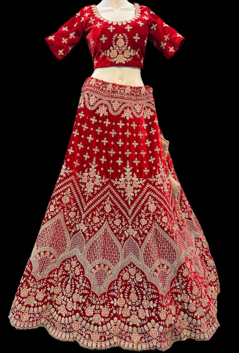 (SIZE 42 (Upto 46)) Red colour velvet Based Beautiful hand Embroidery Work With silver Fine Stones work Very Heavy 3 Layered Ken Ken Super Heavy Designer Bridal Lehnga With Heavy Tessels Attached To Blouse & Lehnga With Heavy Work Contrast Dupatta