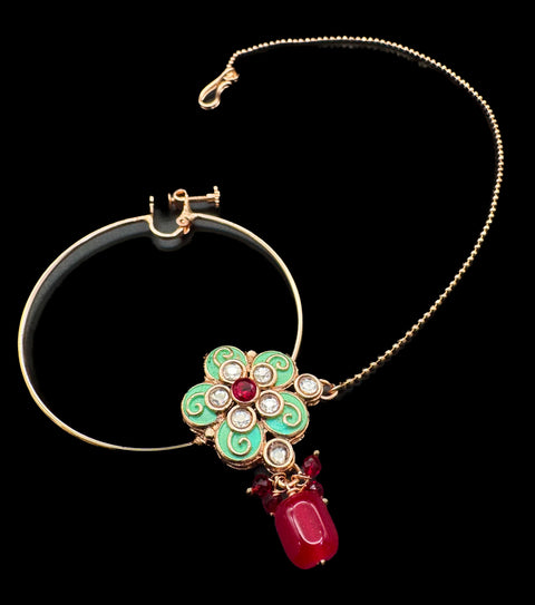 (video clip attached)Mint & Red color Original Kundan Polki stones with Meenkari & Pearls work Bridal necklace with beautiful Jhumka, tikka  , 2 Rings and Nath NOTE:- original Kundan Polki stones not fake plastic stones)