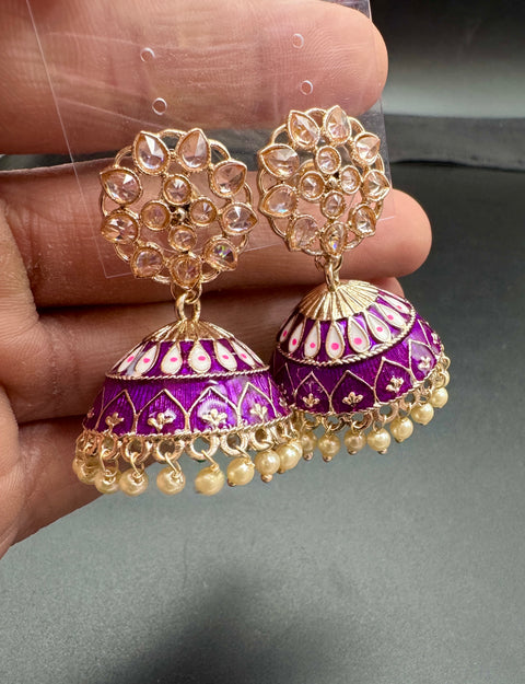 Polki Stone With Pearls Work Beautiful Meenakari Jhumka