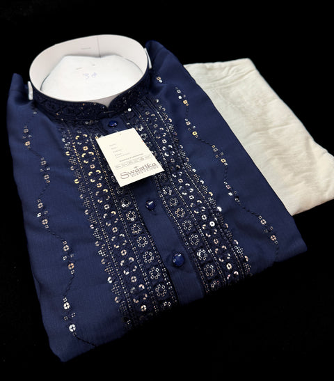 Soft Malmal Based Beautiful Embroidery Work With Sequins Work Designer Kurta With white Pajama