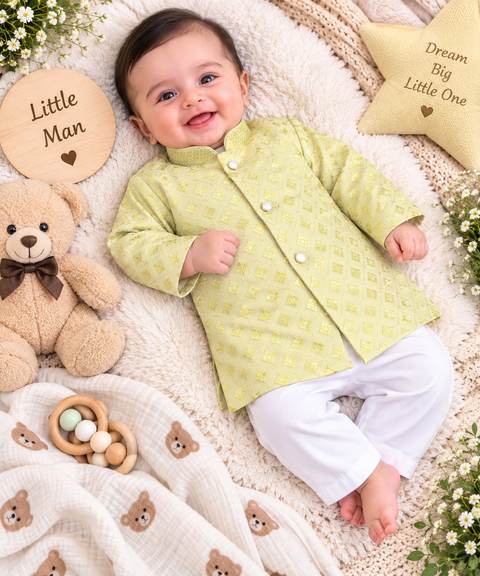 Soft Rayon chikankri sequin based Newborn Kurta Pajama Set with soft inner lining, easy front-open kurta & matching elasticated pajama for comfortable wear.Kurta L 35 cm,Chest 25 cm,Sleeve24 cm,Pajama L 33 cm.Slight variation in colour & design may occur