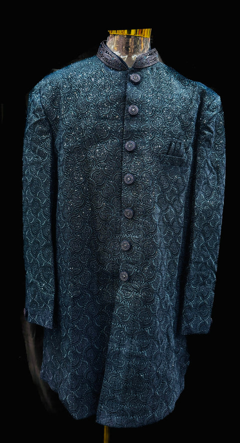 Plus size peacock Teal color based heavy embroidery & sequined work all over with hand work pearl beaded neck, buttons and sleeves design Sherwani and black Pants