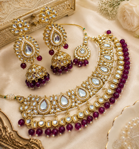 Kundan stone with pearls beaded necklace set with beautiful earrings & tikka